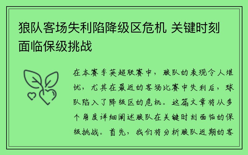 狼队客场失利陷降级区危机 关键时刻面临保级挑战