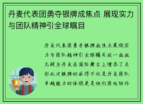 丹麦代表团勇夺银牌成焦点 展现实力与团队精神引全球瞩目