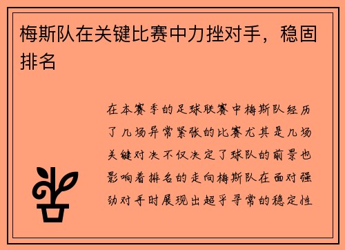 梅斯队在关键比赛中力挫对手，稳固排名