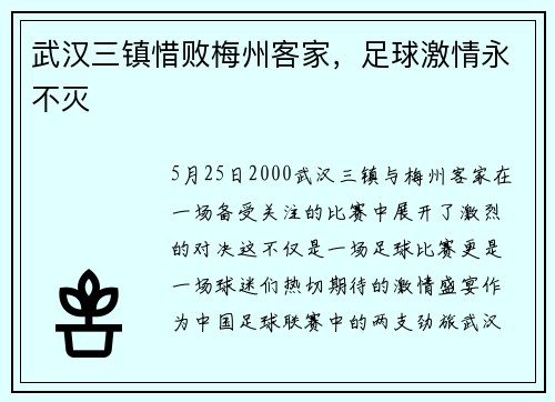 武汉三镇惜败梅州客家，足球激情永不灭