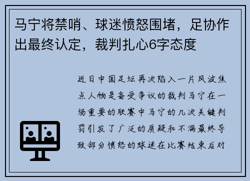 马宁将禁哨、球迷愤怒围堵，足协作出最终认定，裁判扎心6字态度