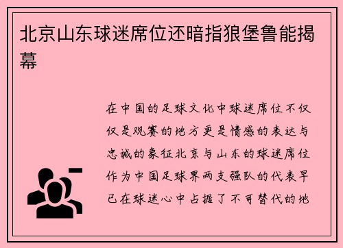 北京山东球迷席位还暗指狼堡鲁能揭幕