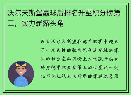 沃尔夫斯堡赢球后排名升至积分榜第三，实力崭露头角