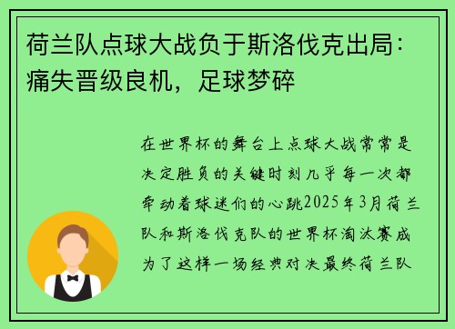 荷兰队点球大战负于斯洛伐克出局：痛失晋级良机，足球梦碎